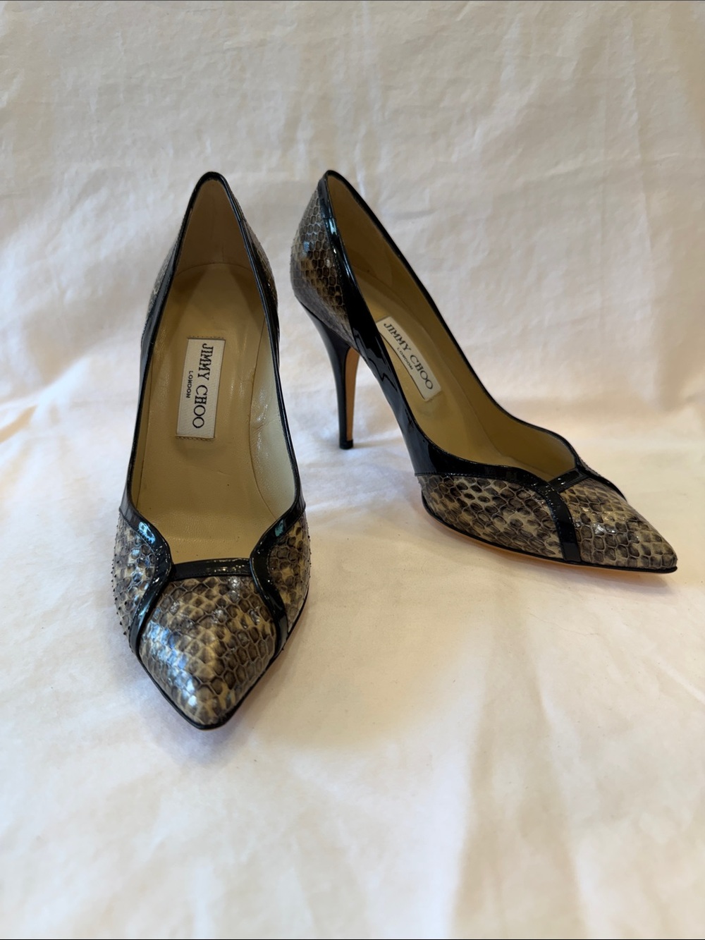 Jimmy Choo Black and Taupe Snakeskin Pointed-Toe Pumps